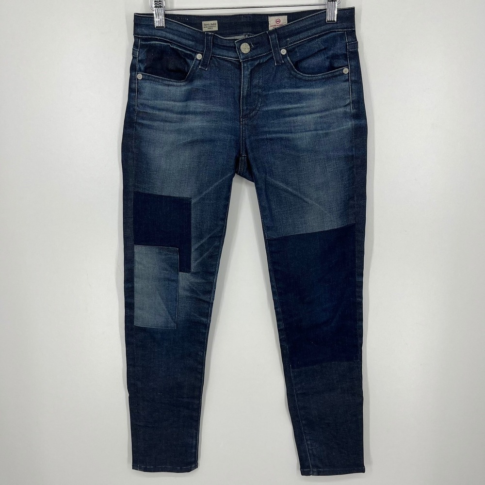 AG Adriano Goldschmied Stevie Ankle Slim Straight Patchwork Jeans 26R Dark Wash